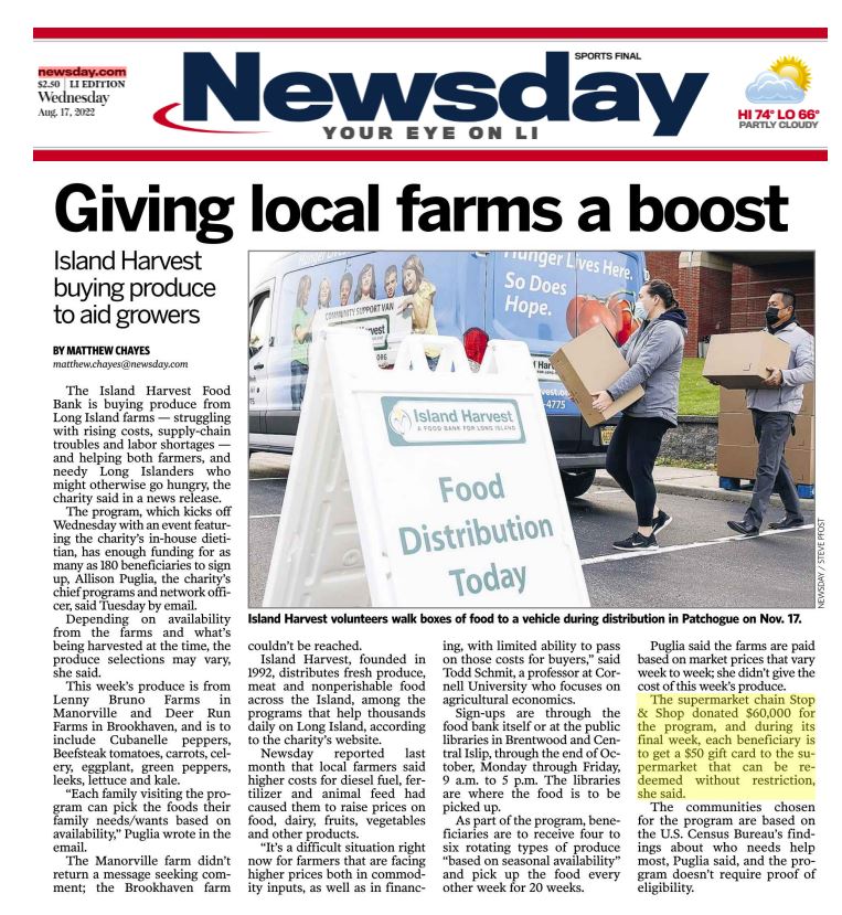 August 2022 - Newsday - Giving Local Farms A Boost